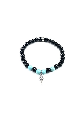 匠银JY 双银饰925纯银十字架宝剑6MM黑玛瑙复古做旧银手链手串