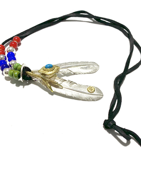 匠银JY 925纯银双绿松石点金鹰抓羽毛吊坠鹿皮绳银饰项链