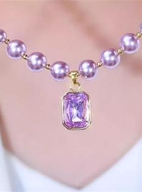 小盘优选紫色水晶锆石方糖珍珠项炼高级感2025新款饰品女法式吊坠