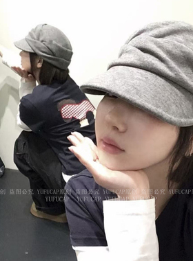 日系黑色褶皱贝雷帽女秋冬季马术帽复古纯色云朵八角帽子ins同款