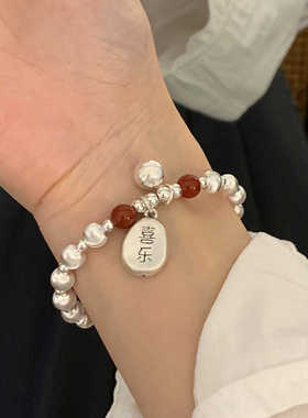 925银平安福牌韩风手链女款红玛瑙手串手饰送闺蜜生日高级设计感