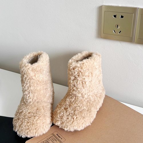 韩国新款休闲冬季女童保暖软底套筒毛毛短靴加绒舒适羊羔毛雪地靴 - 图0