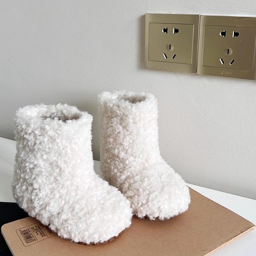 韩国新款休闲冬季女童保暖软底套筒毛毛短靴加绒舒适羊羔毛雪地靴 - 图1