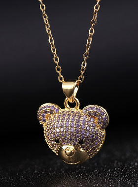 嘻哈小熊锆石项链女ins个性满钻可爱吊坠气质百搭锁骨链