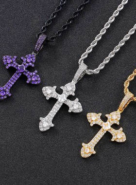 嘻哈士十字架吊坠紫色锆石个性简约潮牌网红女嘻哈饰品