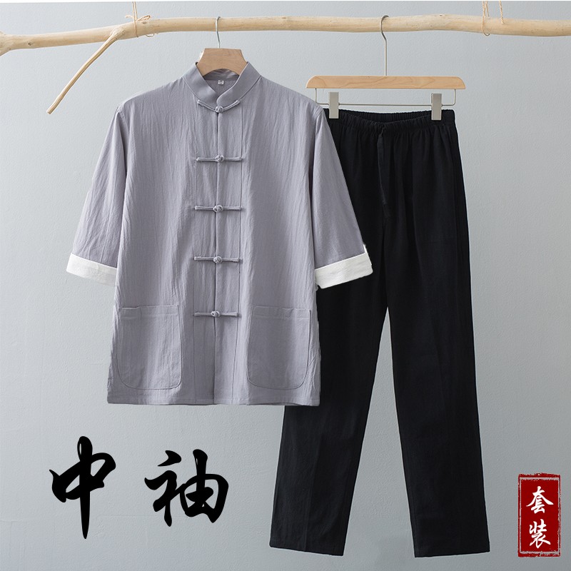 夏季薄款短袖男唐装男七分袖套装中式复古风中袖两件套中国风茶服 - 图2