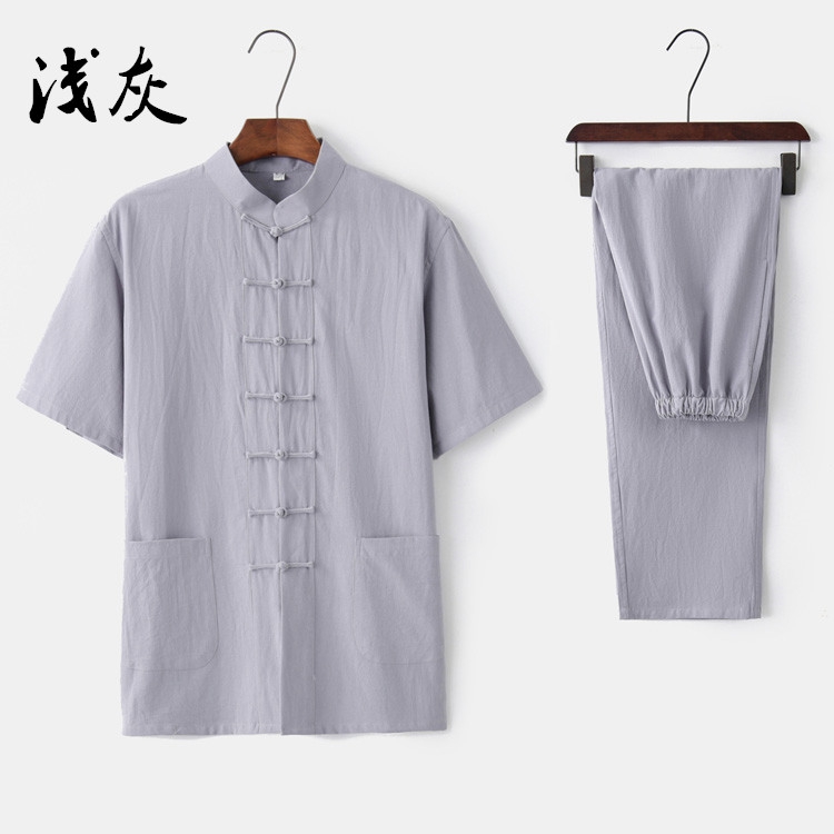 夏季唐装男士中国风短袖套装中式棉麻复古茶服潮牌亚麻汉服禅修服 - 图0