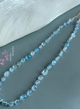 天然玻璃体海蓝宝女浪漫巴黎蓝色系列玉石随形散珠子蓝色宝石项链