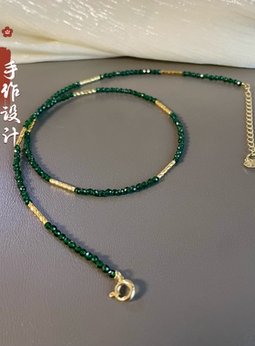 镀金刻面金管祖母绿色宝石串珠项链女尖晶小众复古锁骨链2026新款