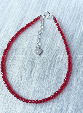 极细2mm小米珠刻面红尖晶水晶手链 925纯银款轻奢高级感红色手串