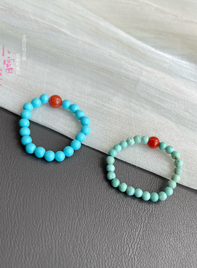 天然原矿绿松石戒指文玩串珠指环南红转运珠小众个性尾戒玉石素圈