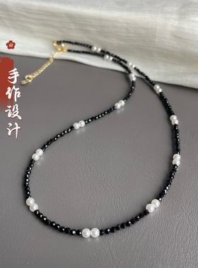 超细简约简约气质黑色水晶贝珠项链小众高级设计短款锁骨颈链新款