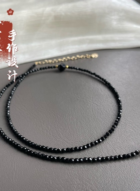超闪亮极细2mm黑尖晶斜边项链女款简约百搭锁骨链串珠颈饰叠戴链