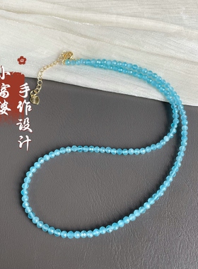 蓝色猫眼石刻面锁骨链天河石海蓝宝色系薄荷绿女款百搭显白长颈链
