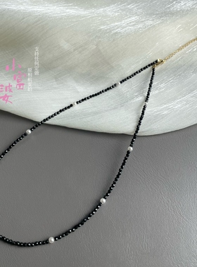 超美时髦黑色红色青金晶石隔珍珠项链女超闪叠戴串珠锁骨链26新款