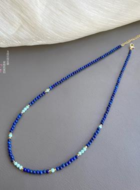 青金石项链女阿富汗青金石蓝色水晶玉石散珠绿松石锁骨链吊坠颈链