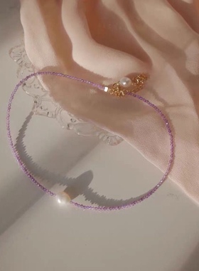 原创手作法式复古紫色锆石水晶巴洛克珍珠手工锁骨链项链choker