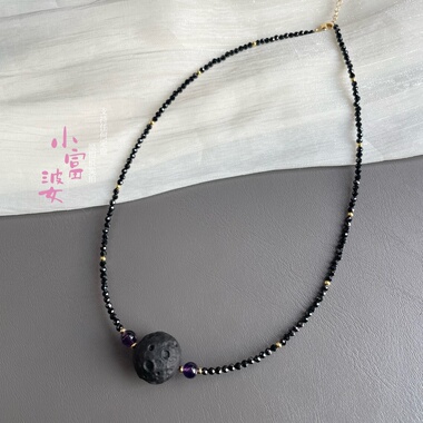 新款汉服项链陨石坑星球天然黑曜石银曜石圆形挂件黑尖晶男女锁骨