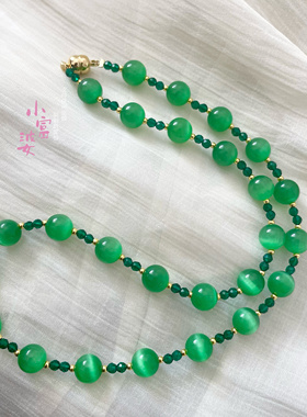 新中式宝石绿猫眼圆珠项链气质圆珠毛衣链国风祖母绿色绿尖晶手链