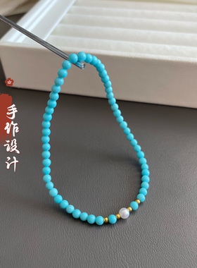 3mm极细手链 天然珍珠高瓷高蓝优化绿松圆珠手串显白女款配饰礼物