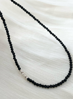 新中式黑尖晶3mm黑水晶刻面长款项链女款轻奢小众高级感颈链毛衣
