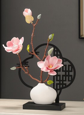 新年中式仿真海棠花盆q景屏风摆件客厅装饰品玄关电视柜酒柜办公