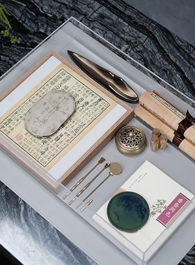 精选新中式样板房客m厅桌面花艺摆件书房书桌陈列复古书卷书柜软