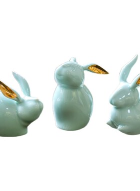 优选景德镇陶瓷摆件兔子现代可爱兔子摆件陶瓷办公室W桌面装饰新