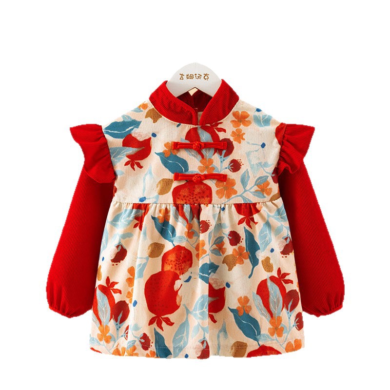 Girls' New Year's greetings clothes, Chinese style baby coveralls, new eating bibs, winter Hanfu, New Year's clothes, princess skirts and protective clothing