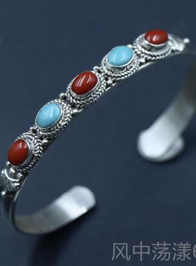 正品印开度尼泊手工925银饰品镶嵌绿松石手镯女手环 尔覆口古民族