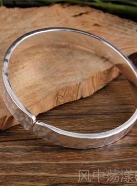 正品足银锤纹9手工敲打定纯精致锤子99纯银男女情侣款银手镯制磨