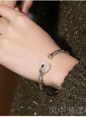 正品竹白玉平扣镀银手镯活扣复古安简约百搭节银工泰艺送妈妈银饰