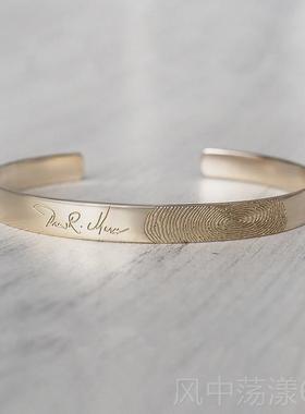 正品人90纯 银手镯 私定制指纹 刻字 情侣男女时尚个性 男士简约