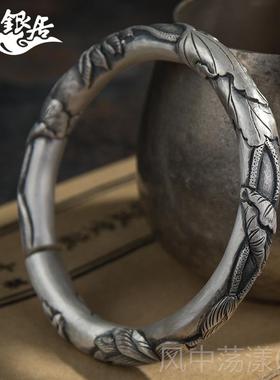 正品祥银居银手柱工錾刻圆复镯古哑足光爱莲说手.传家