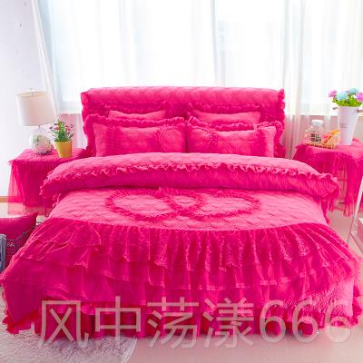 正品婚庆大红蕾公主风床单四件套加色厚夹棉床裙丝床花边罩被套4 - 图0
