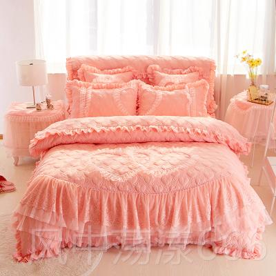 正品婚庆大红蕾公主风床单四件套加色厚夹棉床裙丝床花边罩被套4 - 图2