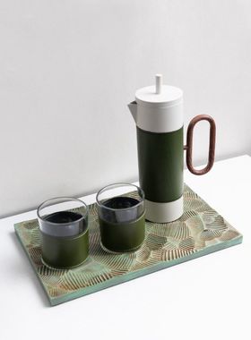绿色咖啡壶托盘摆件轻奢装饰品