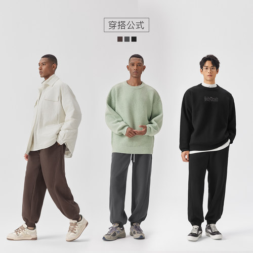 BODYDREAM冬季重磅加绒卫裤男士运动裤宽松大码束脚裤针织休闲裤 - 图3