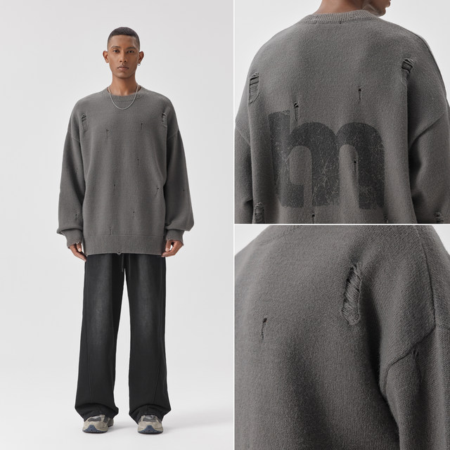 BODYDREAM BM Ripped Print Sweater Men's Autumn Irregular Destructive Sweater Knitted Pullover Top