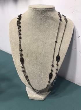 Vintage黑色超长镂空珍珠简约链条长款项链毛衣链保存品