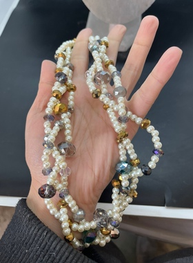 三层白色琉璃珍珠短款项链金色捷克水晶珠项链麻花旋转