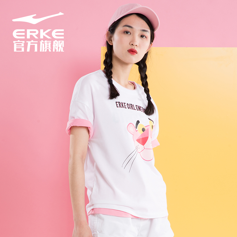 Hongxing Erke Women's T-shirt, short sleeved sweatshirt, sportswear, summer student round neck casual wear, comfortable white, adult black