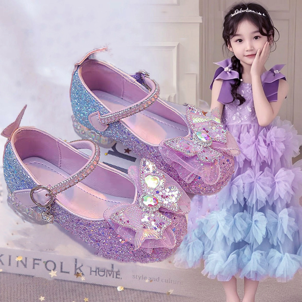 女童真皮软底2025爆款小女孩水晶闪亮凉鞋搭配礼服单鞋气质高跟鞋,淘宝优惠券,粉丝福利购,淘宝优惠卷