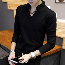 Футболка мужская 长袖t恤春秋季男青年修身立领秋装纯棉体恤潮流男士韩版小衫体恤 Lpw