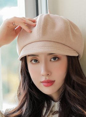 黑色贝雷帽女秋冬季显脸小八角帽