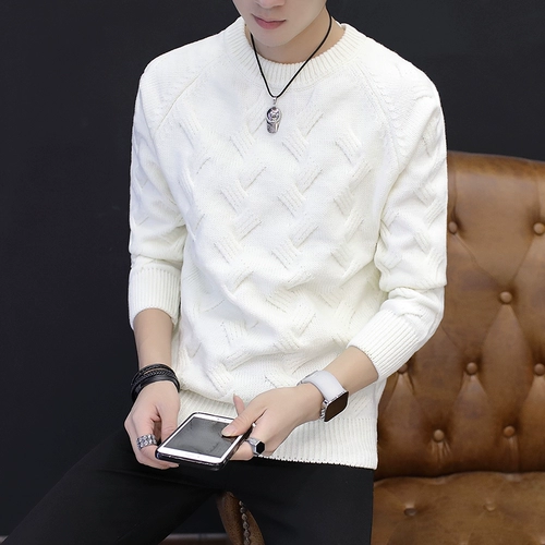 Белый мужской трикотажный зимний шерстяной базовый приятный телу свитер, облегающий крой, увеличенная толщина