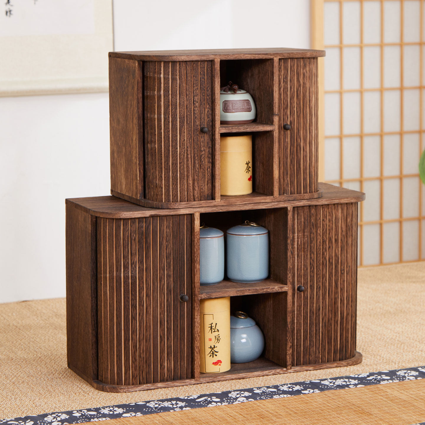 实木茶杯收纳架茶具收纳柜防尘卷帘门桌面收纳盒茶壶置物架多宝阁,淘宝优惠券,粉丝福利购,淘宝优惠卷