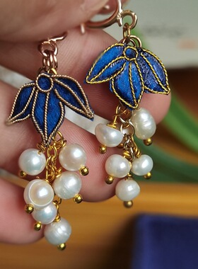 非遗掐丝绒花手工蚕丝仿点翠叶片流苏耳环日常旗袍古风汉服耳饰