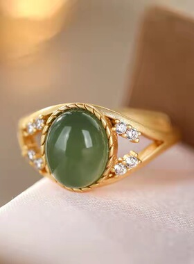 古风纯银镀金色设计感玉石戒指女