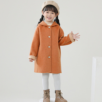 Girl bifacial cashmere big coat 2023 autumn winter fur coat cute little fox with cap child baby coat